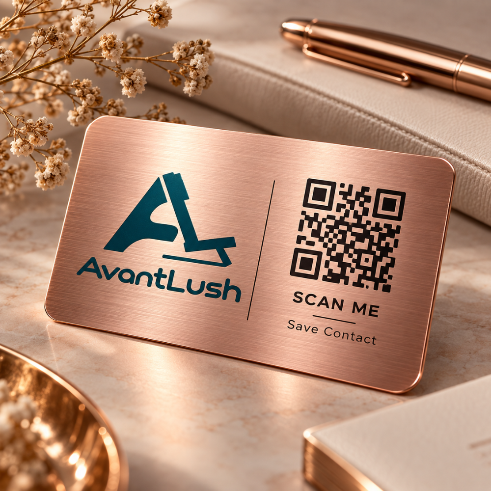 Rose Gold Brushed Metallic QR Code Business Cards — Photo 4