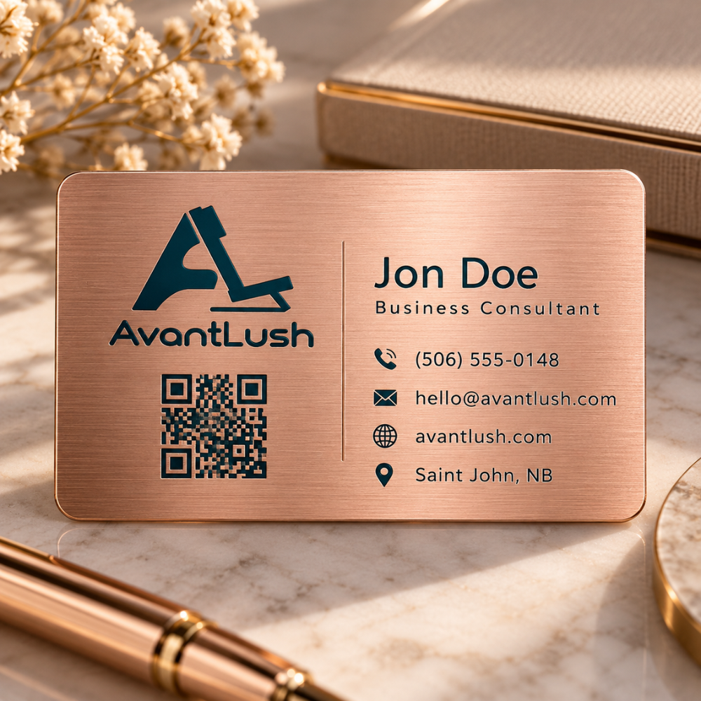 Rose Gold Brushed Metallic QR Code Business Cards — Photo 3